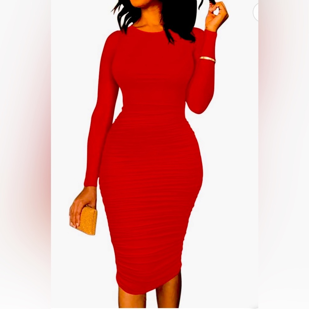 BEAGIMEG Women's Ruched Long Sleeve Elegant Bodycon Basic Casual Midi Dress